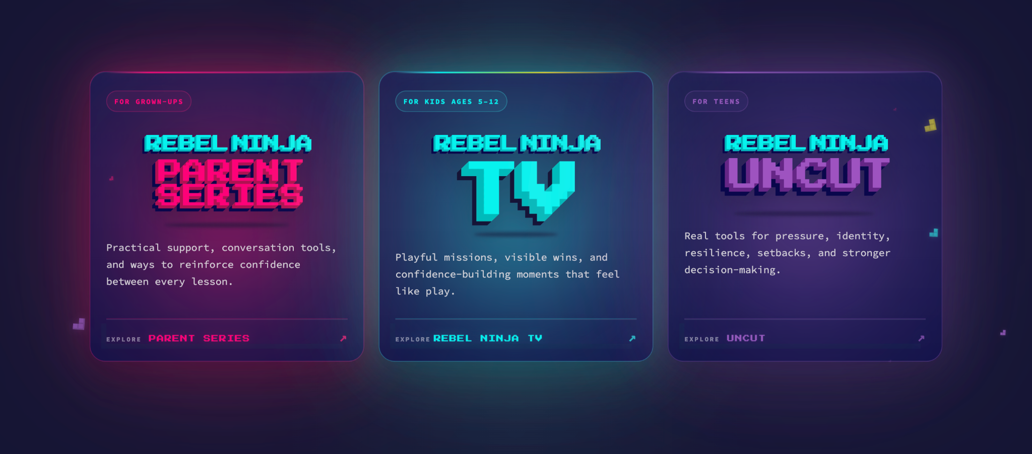 Three audience entry points on the Rebel Ninja website