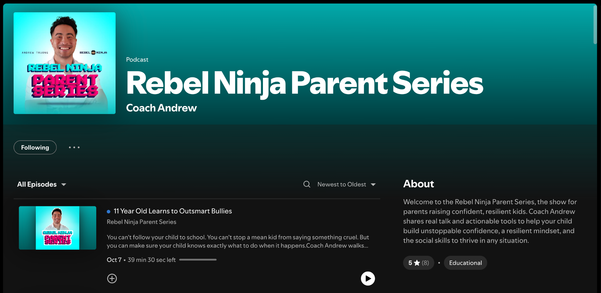 Rebel Ninja Parent Series Spotify desktop page