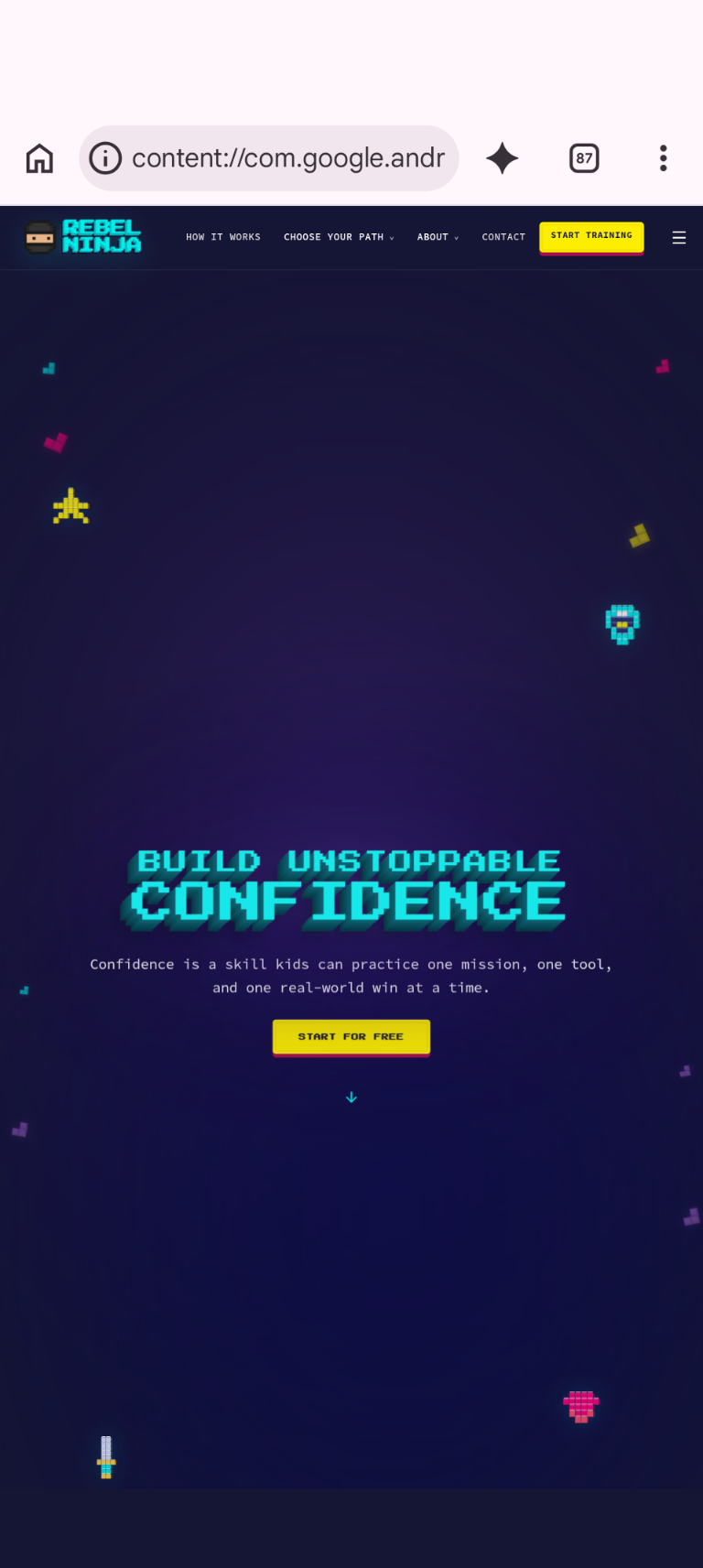 Rebel Ninja mobile website with Build Unstoppable Confidence headline